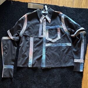 Men's Casual Button Down Shirt - Black with Multicolor Accents